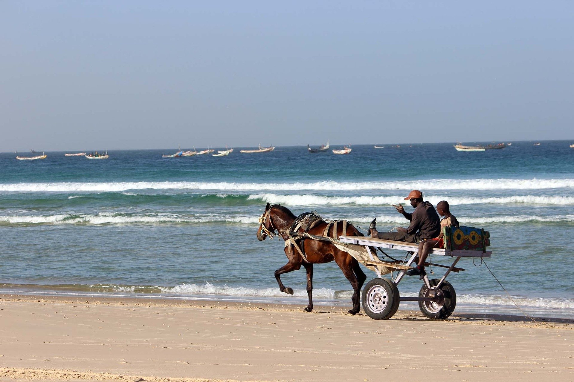 Charette tirée par un cheval sur la plage, vacances au Sénégal Nirvatravel