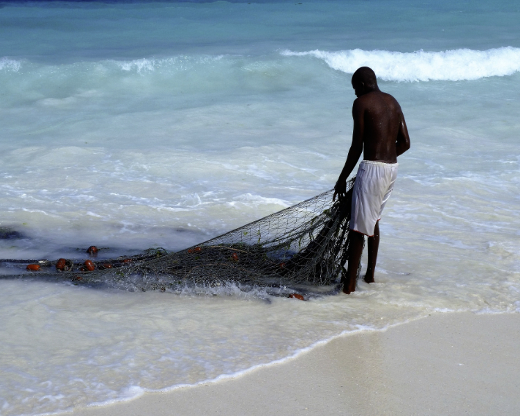 Pêcheur sur une plage de zanzibar en Tanzanie